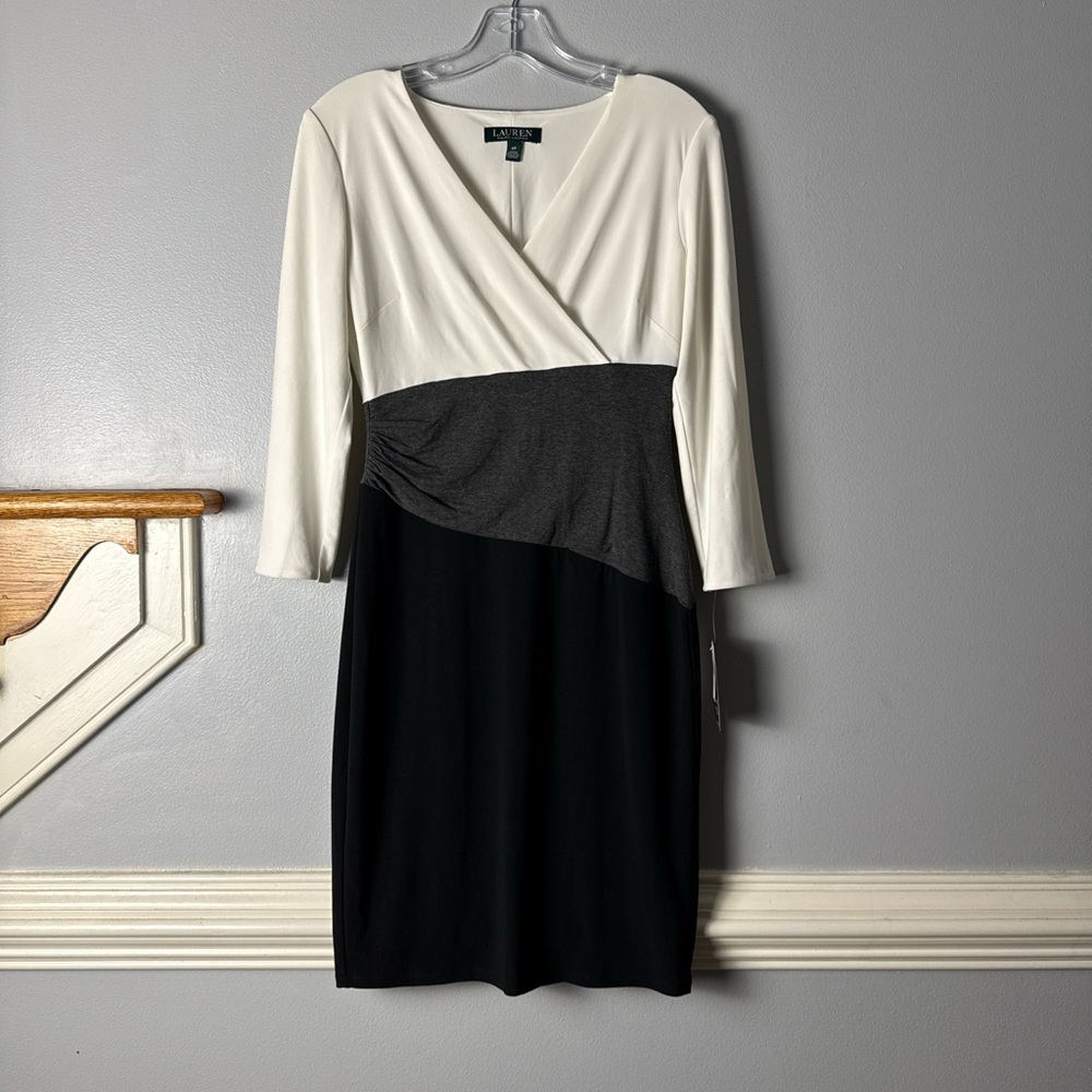 Ralph Lauren Black, Ivory & Charcoal Colorblock Long Sleeve Dress